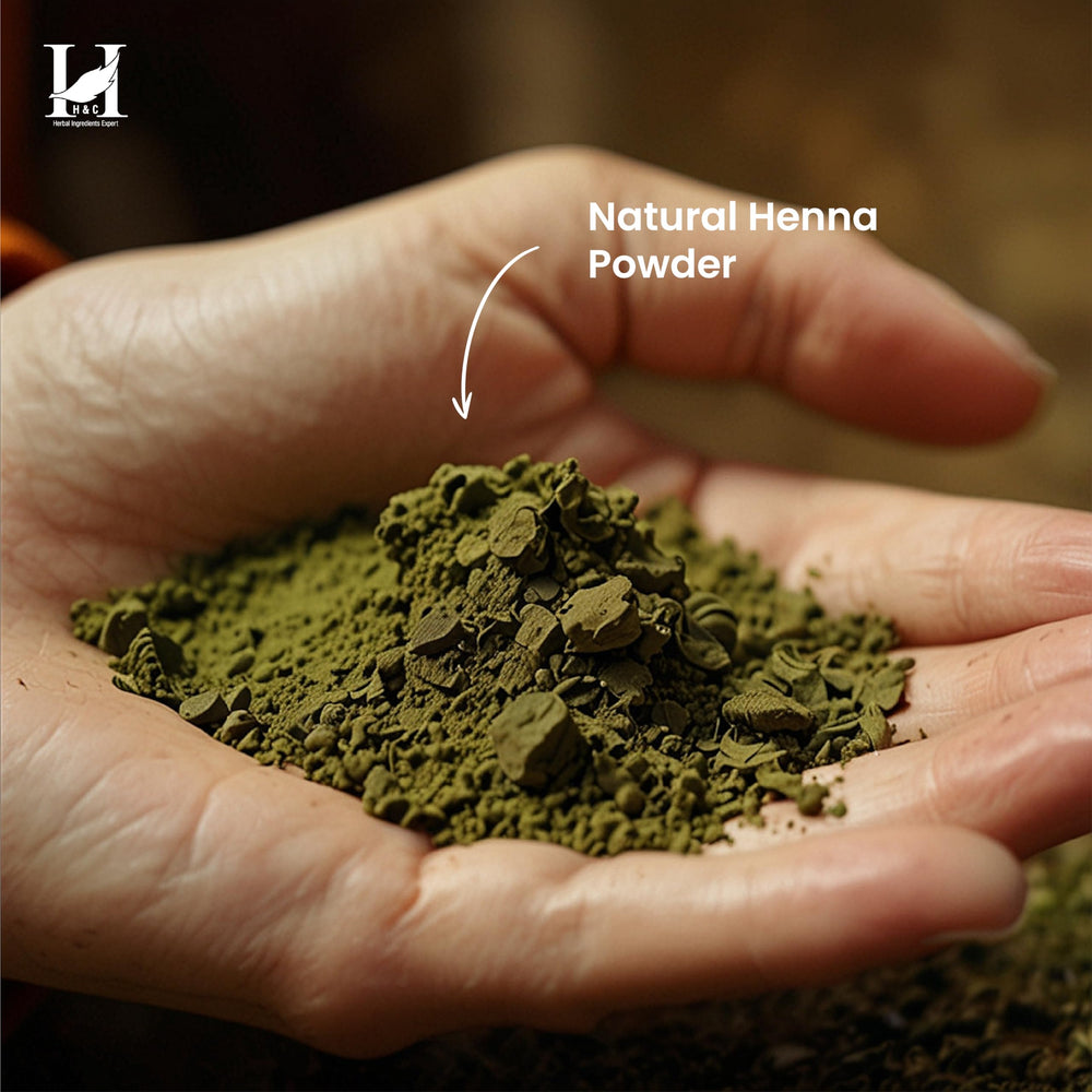 H&C henna powder being mixed with water illustrates straightforward preparation.