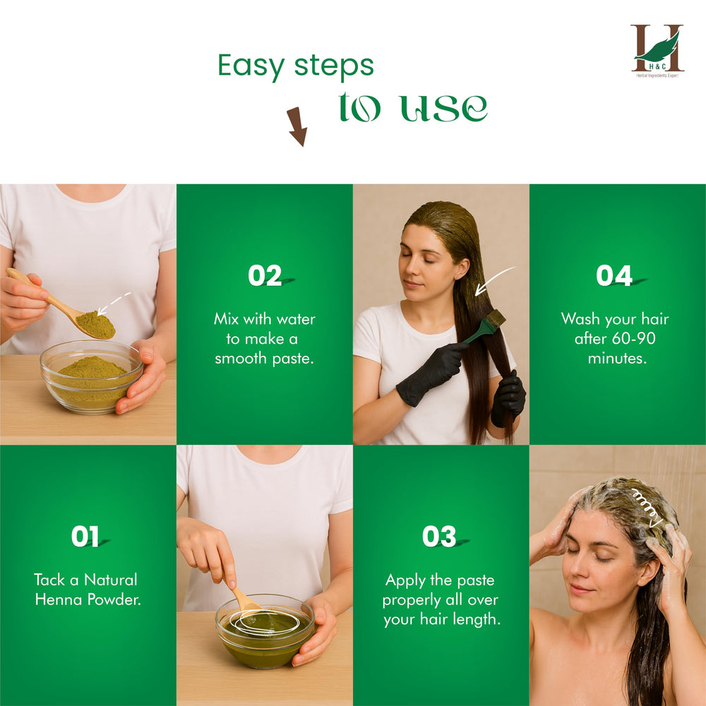 Bottle of H&C Henna powder emphasizes chemical-free formula for safe hair coloring.
