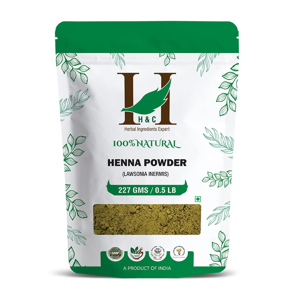 The H&C Henna powder packaging showcases natural color potential and conditioning.