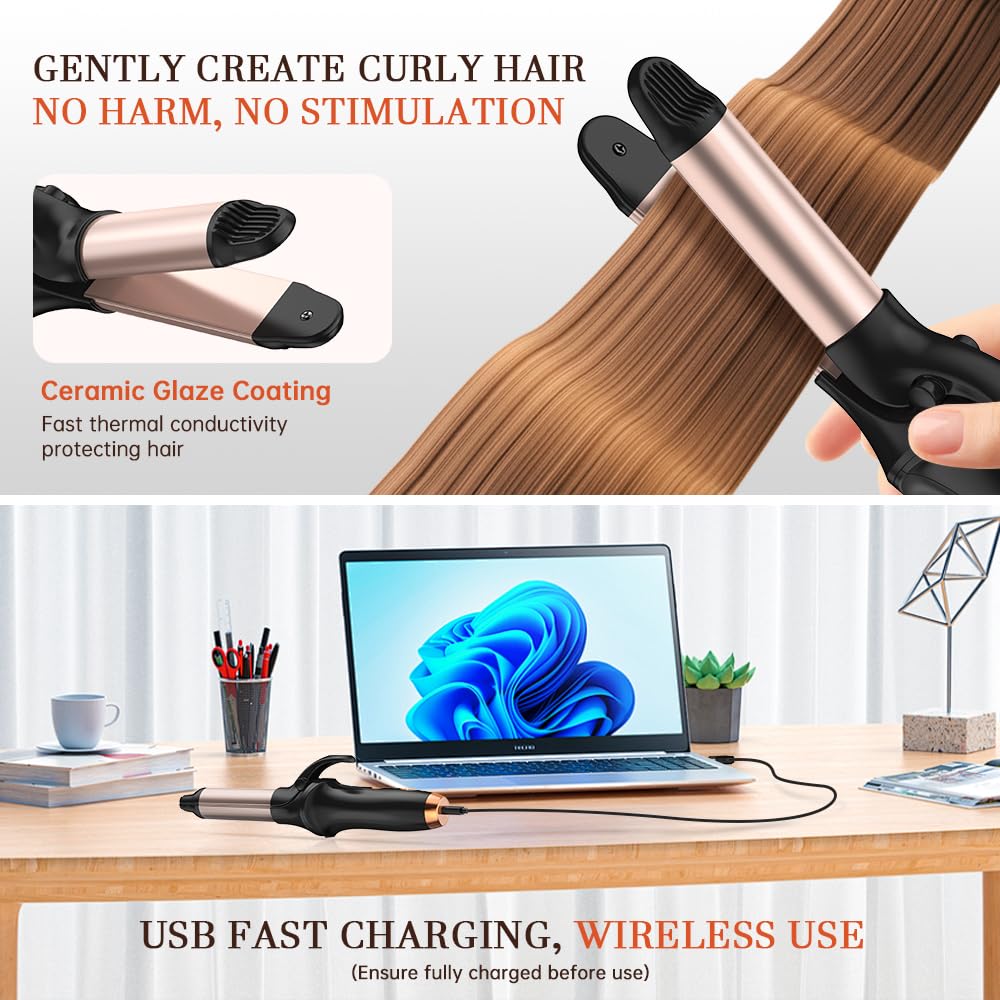 HCRTGAY curl iron USB charging supports cable-free use at home or away.