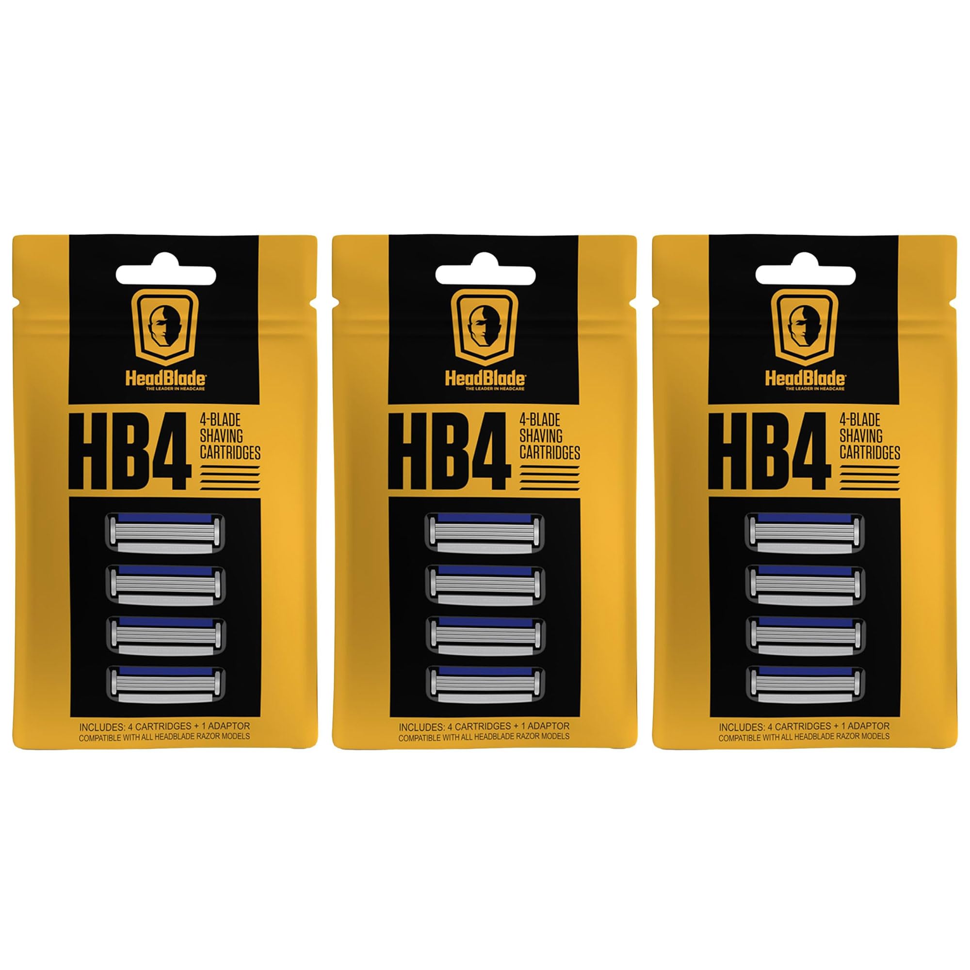HeadBlade HB4 refill blades closeup showing four stainless blades for smooth shaving