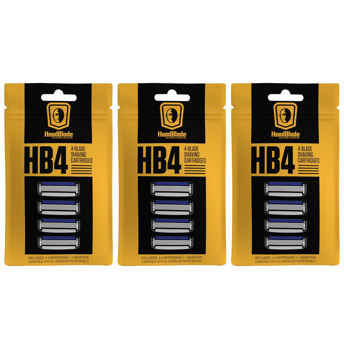 HeadBlade HB4 refill blades closeup showing four stainless blades for smooth shaving