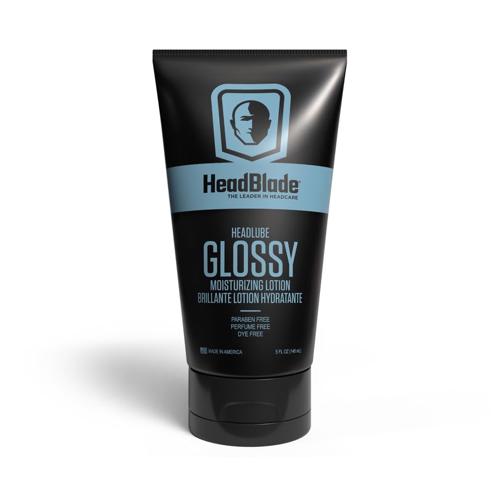HeadBlade HeadLube Glossy bottle in use delivering moisturized, shiny scalp