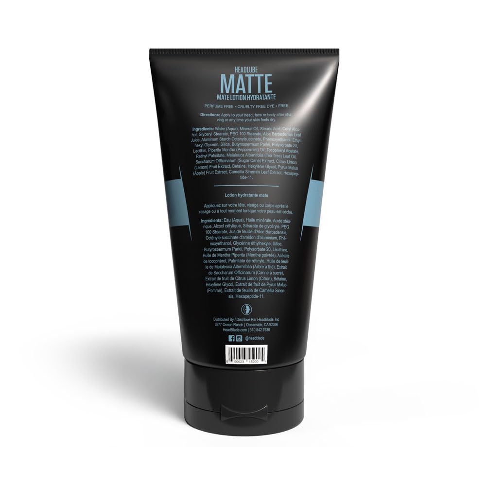 HeadBlade HeadLube Matte bottle close-up label highlights fragrance-free formula
