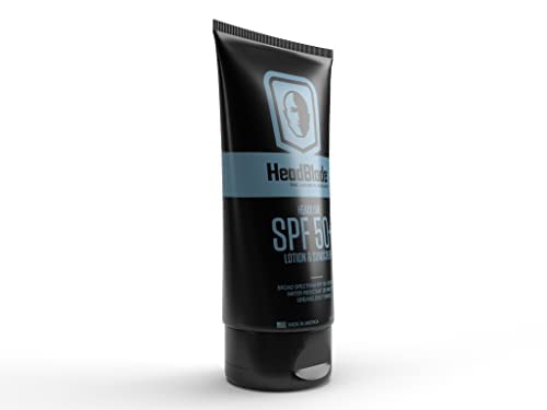 HeadBlade HeadLube SPF50 bottle angle highlights non-greasy, quick-absorbing sunscreen texture.