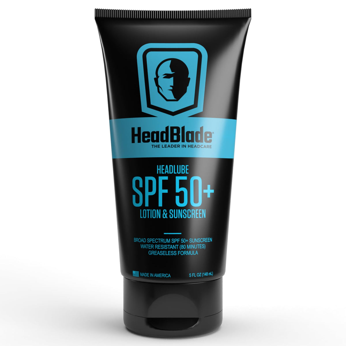 HeadBlade HeadLube SPF50 bottle front demonstrates sweat-proof sunscreen for face, body, and scalp.