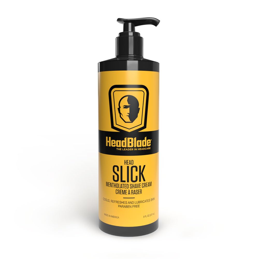 HeadBlade HeadSlick shave cream bottle ready for smooth scalp shaving.