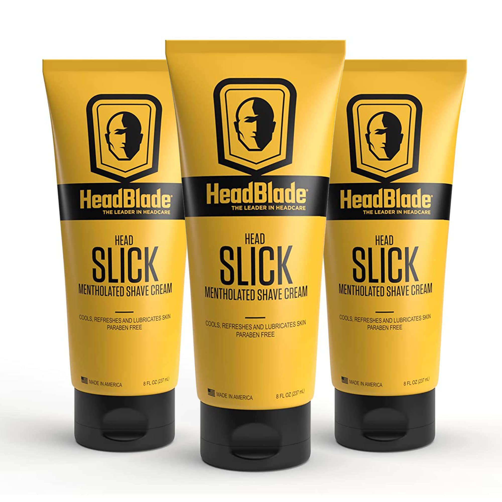 HeadBlade HeadSlick shave cream bottle highlights easy-to-use packaging for bald head shaving.