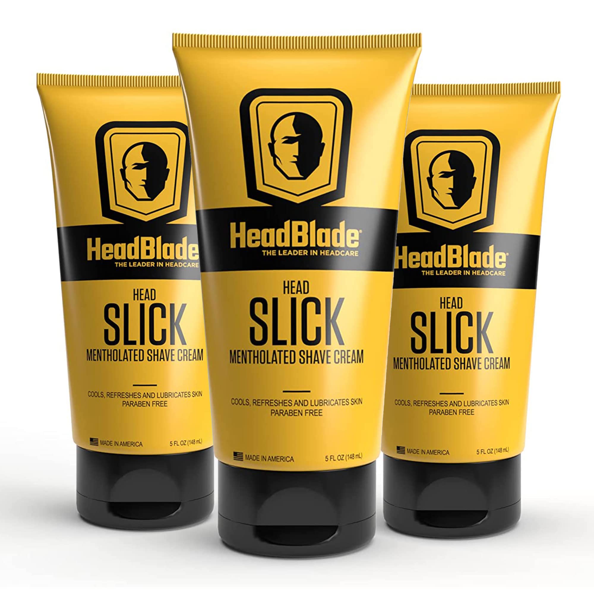 HeadBlade HeadSlick shave cream pump bottle highlighting effortless head shave