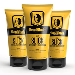 HeadBlade HeadSlick shave cream pump bottle highlighting effortless head shave