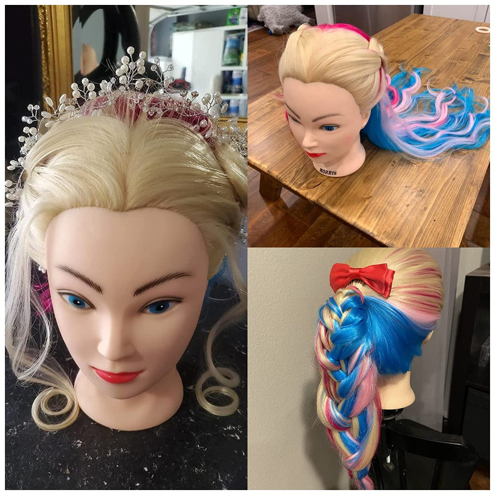 Headdoll mannequin head braiding practice enhances technique with colorful strands.
