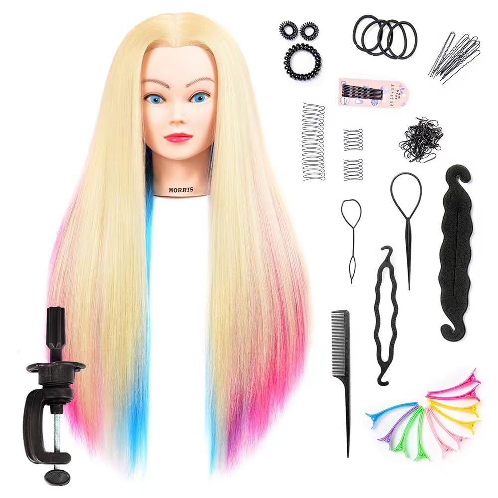 Headdoll mannequin head with long colorful synthetic hair for training and braiding practice.