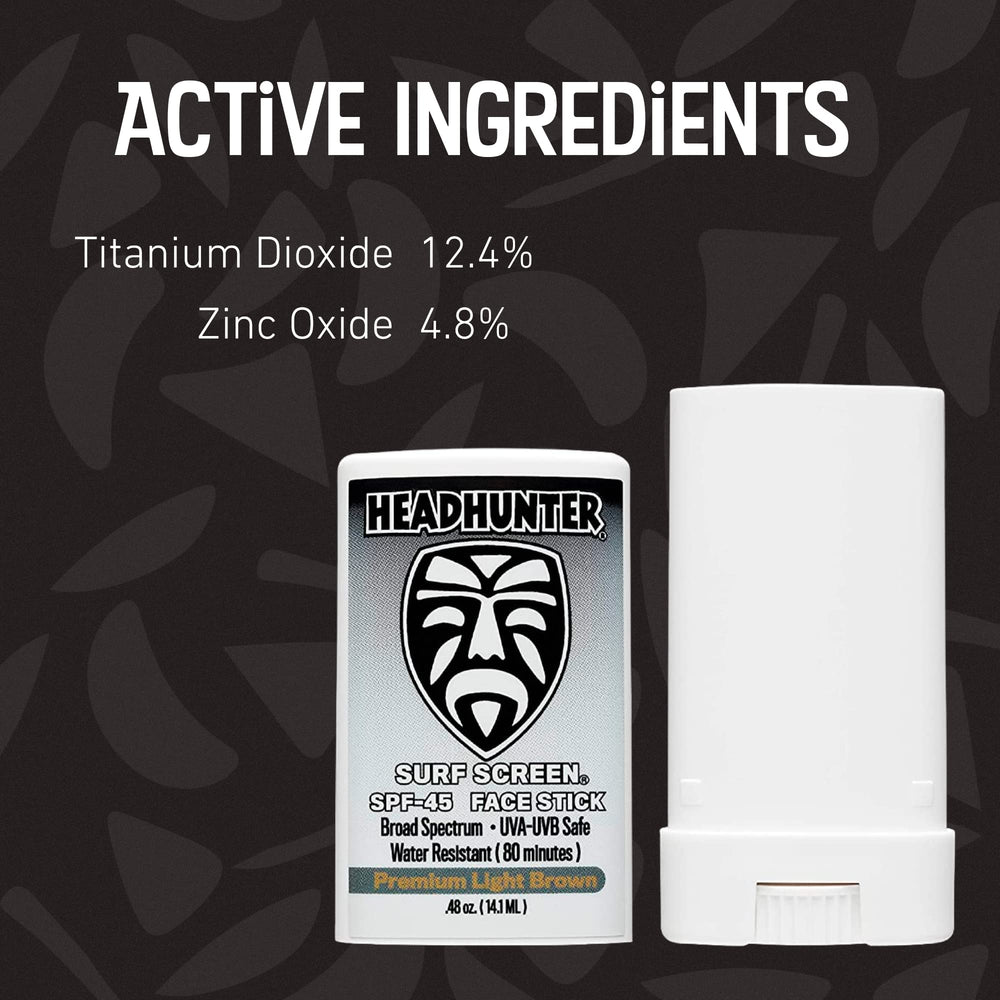 Headhunter Sunscreen Face Stick ingredients label highlights titanium dioxide and zinc oxide.