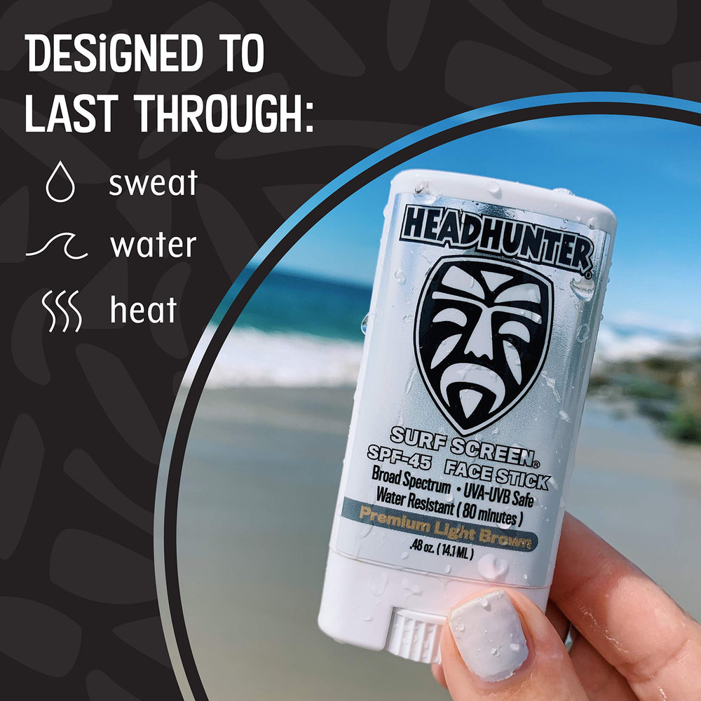 Headhunter Sunscreen Face Stick tinted light brown blends with skin tone.