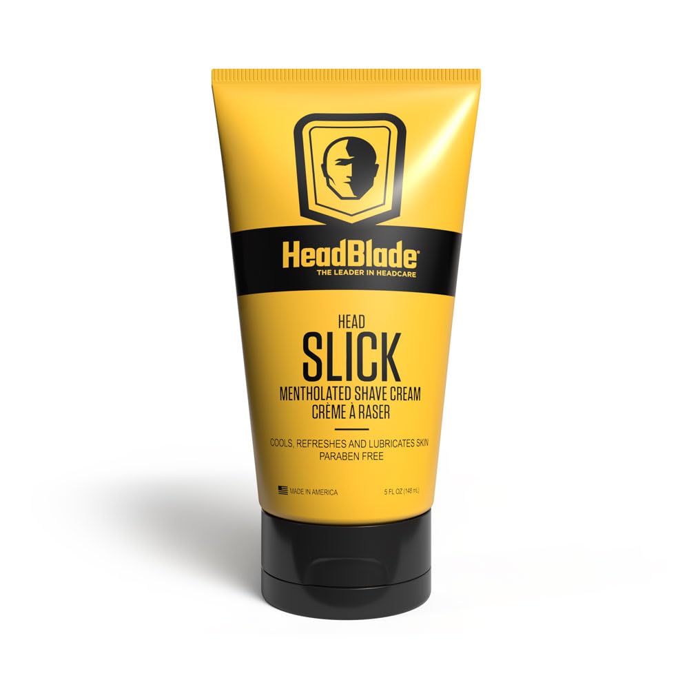 HeadSlick shave cream bottle closeup showing smooth glide for bald heads.