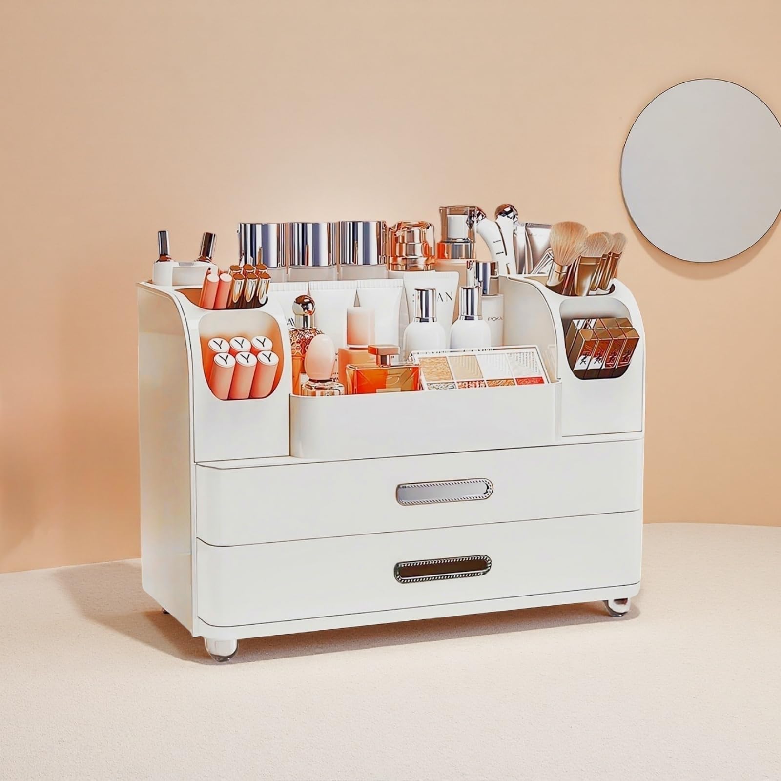 Heaime makeup organizer drawer close-up shows practical storage for masks and vanity kit.