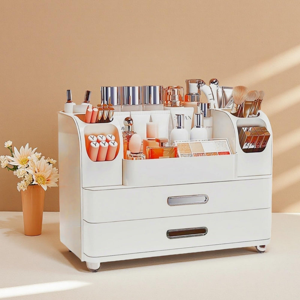 Heaime makeup organizer with drawers on vanity offers organized cosmetics storage.