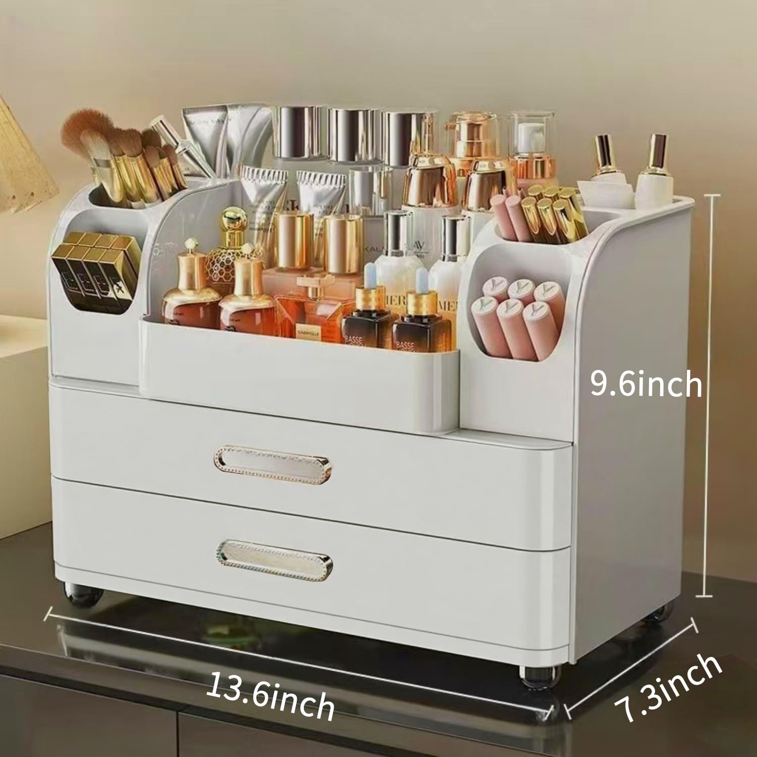 Heaime makeup organizer top compartment keeps tall skincare bottles accessible.