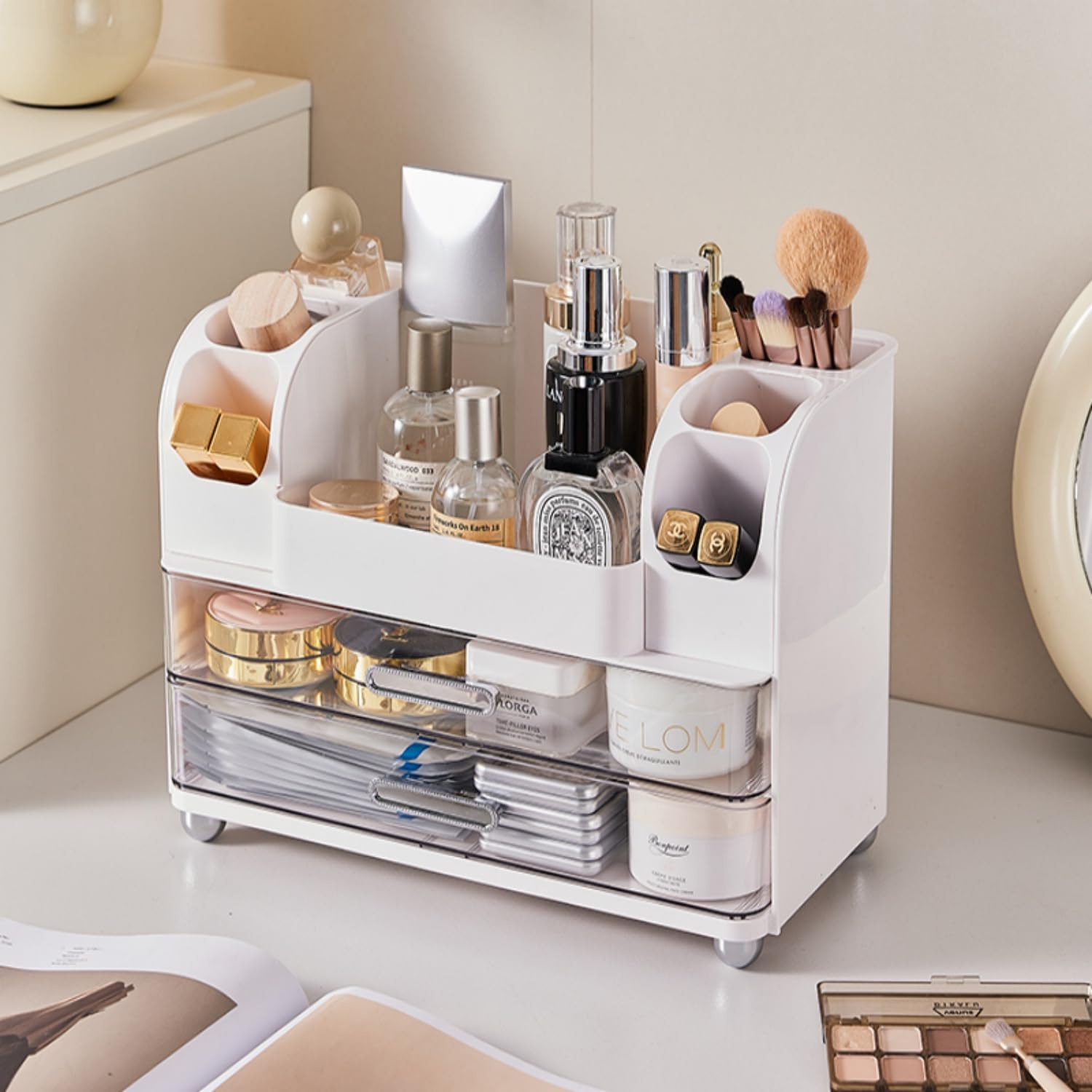 Heaime makeup organizer wide vanity display keeps cosmetics and skincare organized