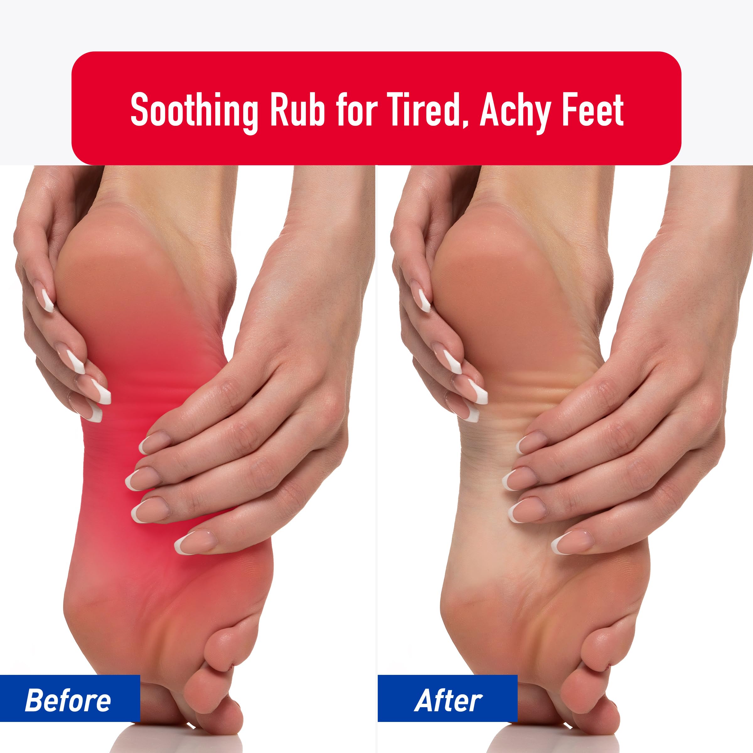 Heal&Rescue Epsom Salt Foot Gel massaged into tired feet for cooling relief.