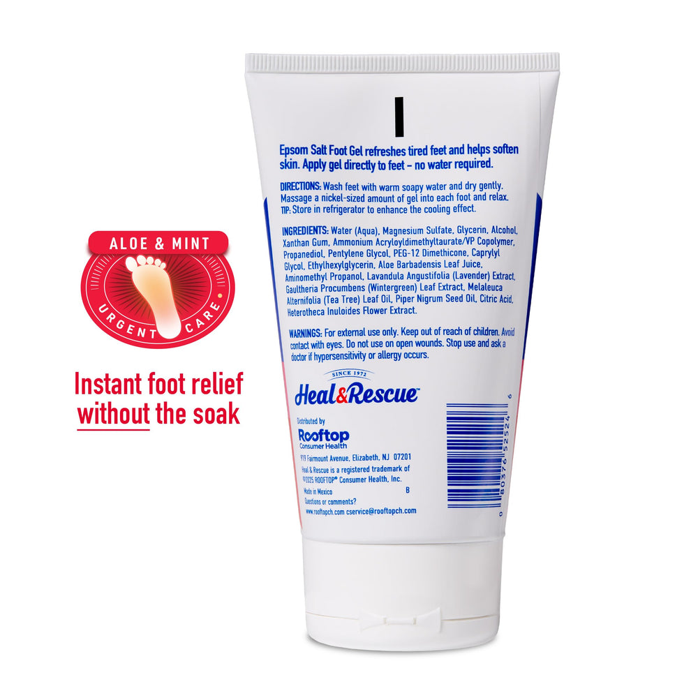 Heal&Rescue Epsom Salt Foot Gel packaging highlights aloe moisture and on-the-go use.