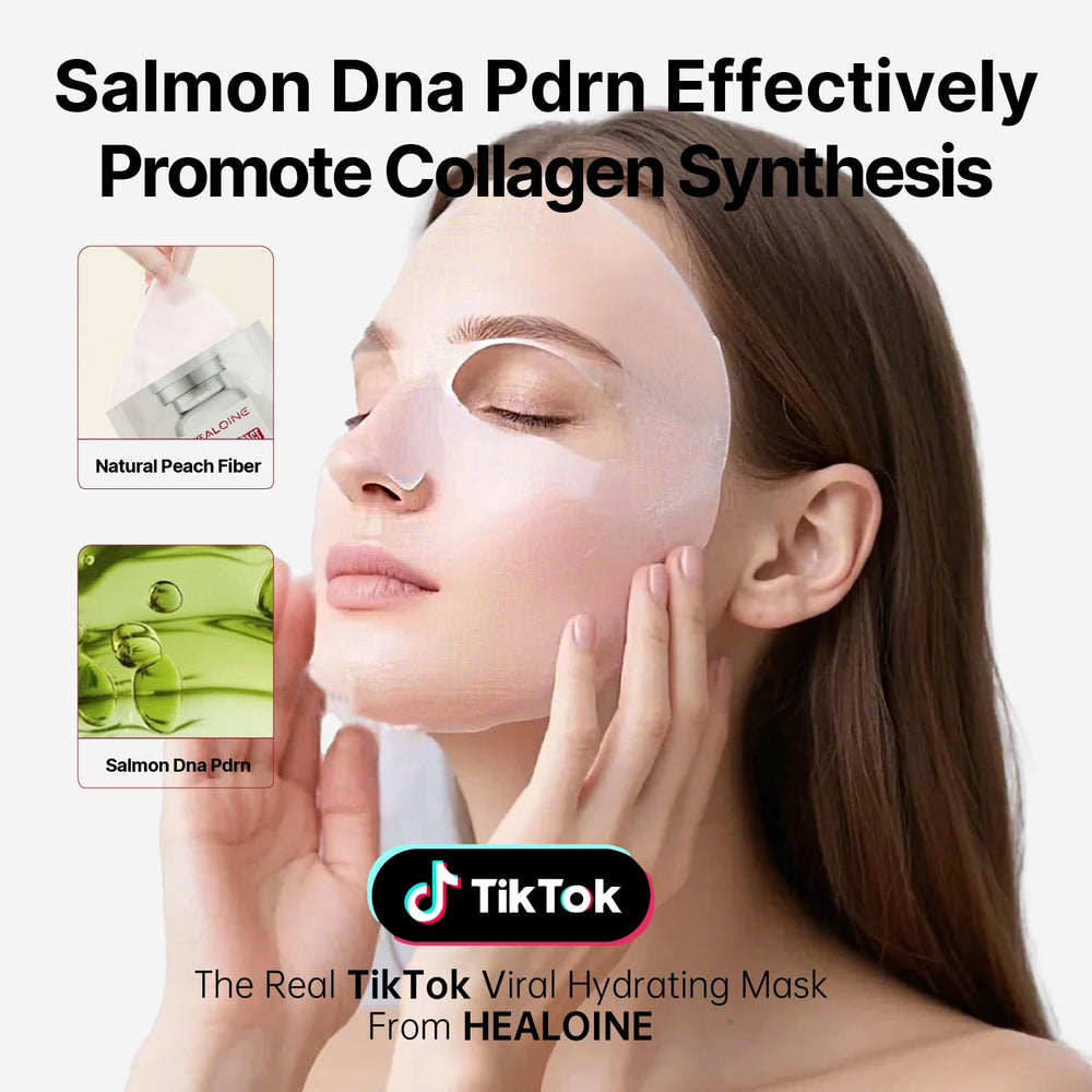 HEALOINE salmon-dna-pdrn pink mask on face delivering comforting hydration for sensitive skin