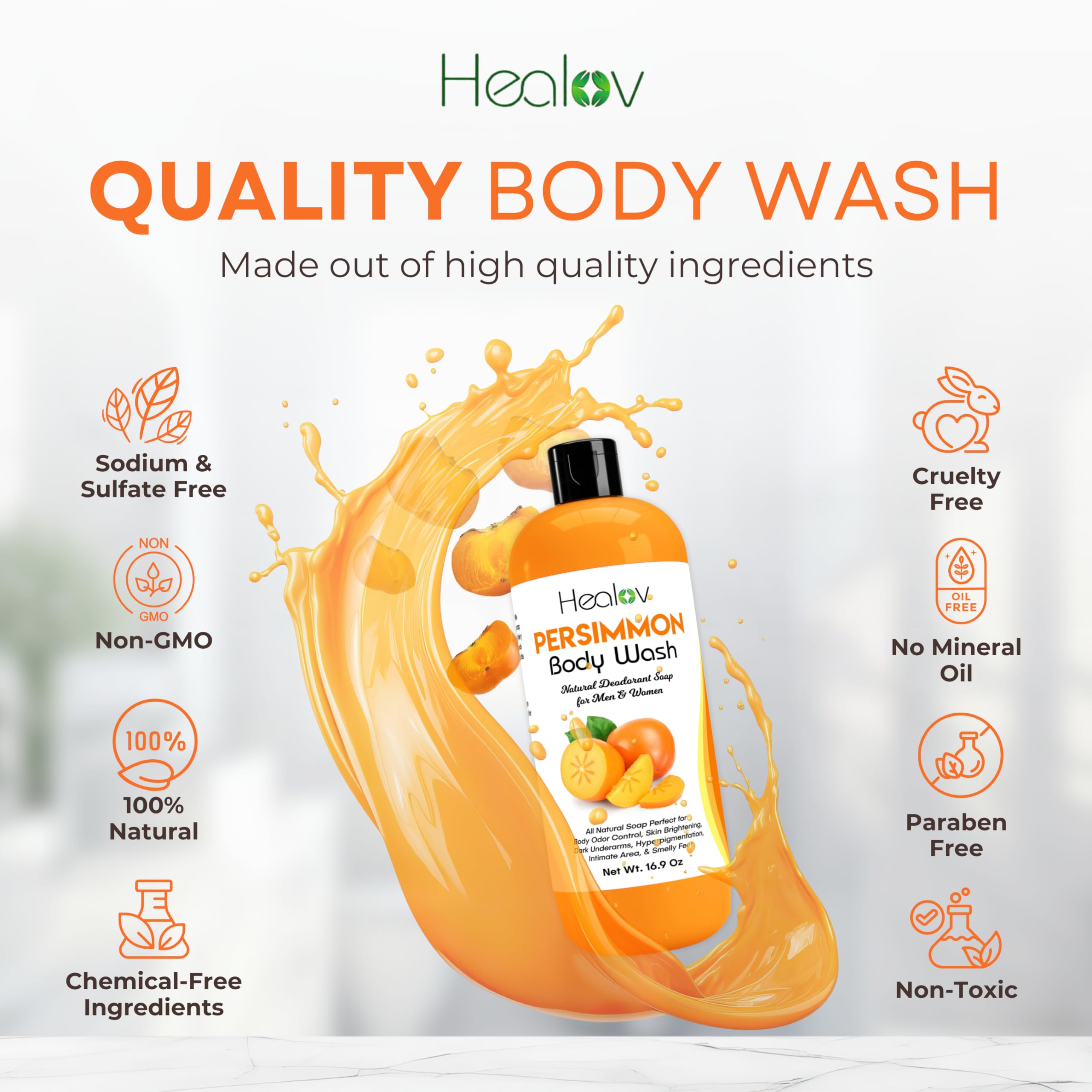 Healov Persimmon Body Wash for smelly feet delivering refreshing cleanliness