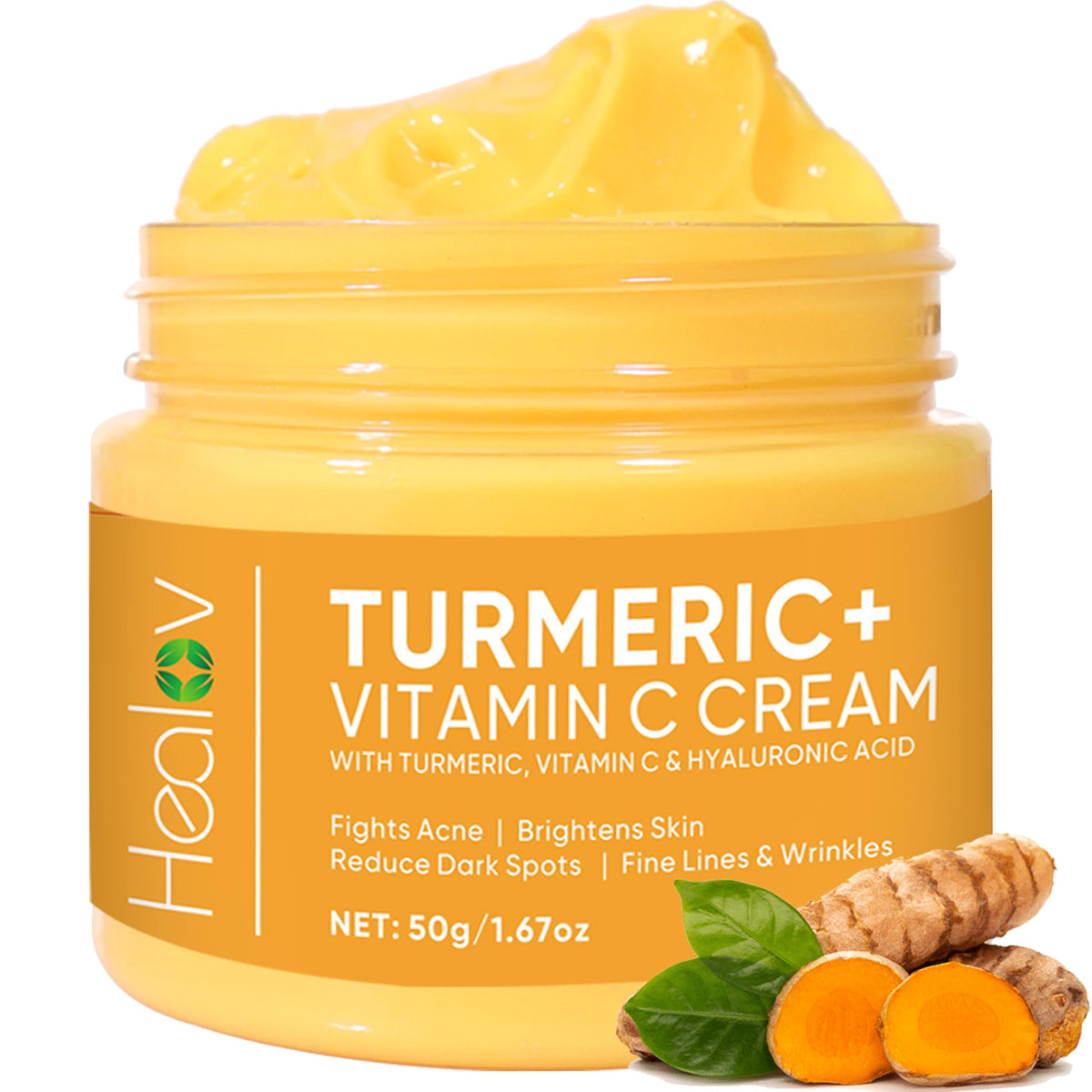 Healov Turmeric Cream jar closeup highlighting rich texture for brightening routine
