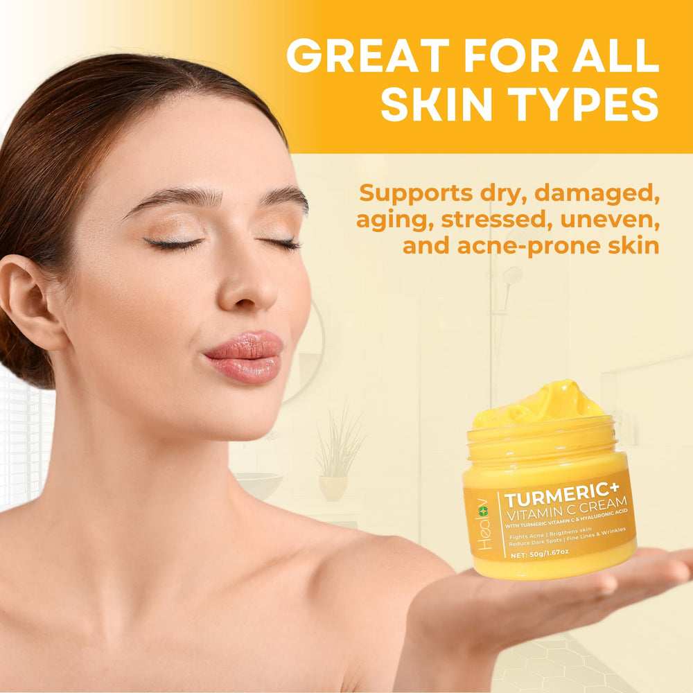 Healov Turmeric Cream vitamin C focus container emphasizes antioxidants