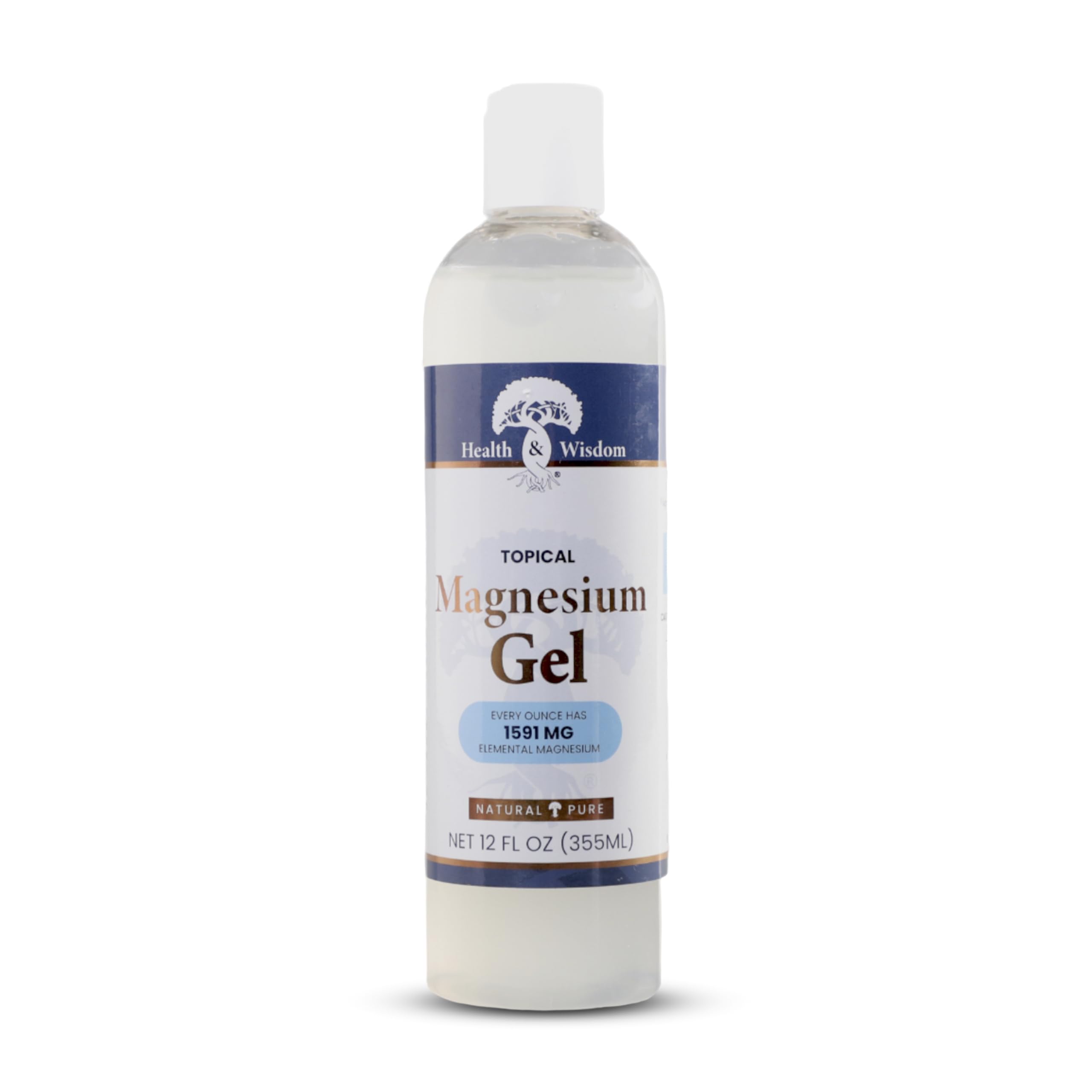Health and Wisdom magnesium gel bottle close-up for enhanced topical absorption.