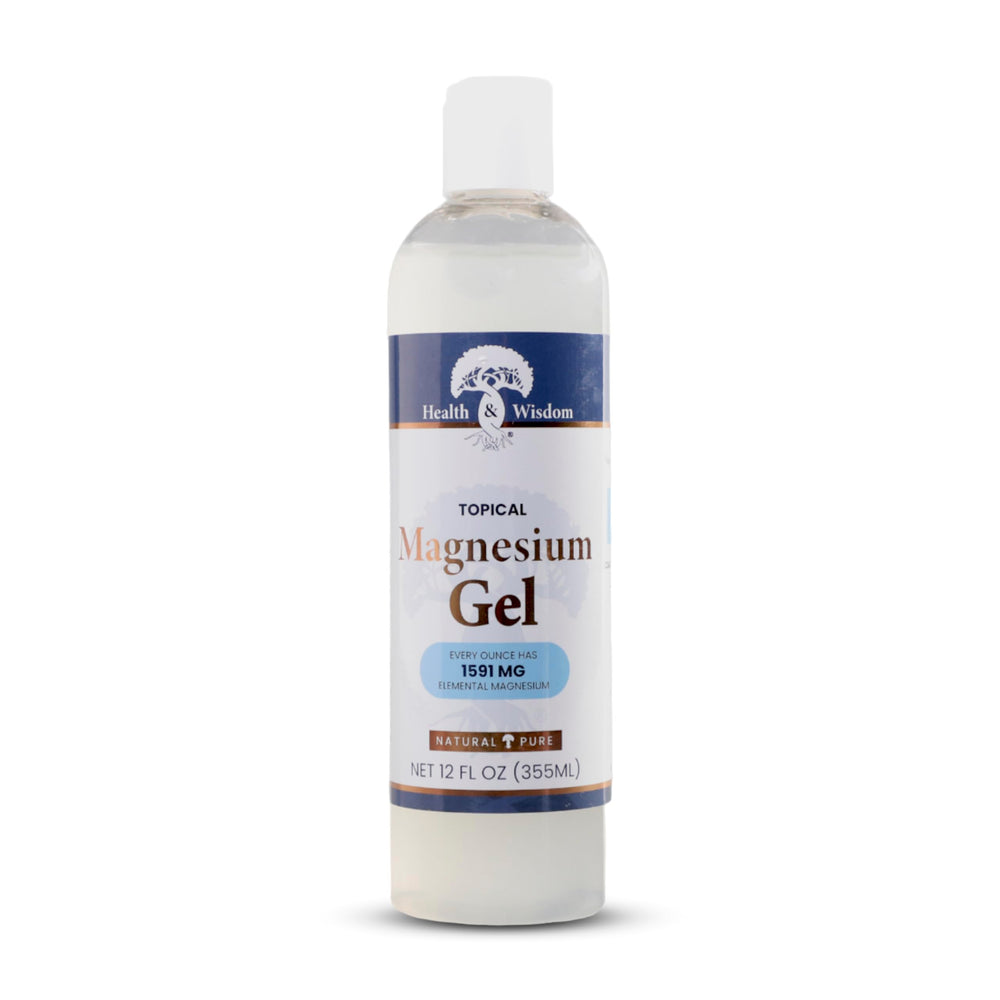 Health and Wisdom magnesium gel bottle close-up for enhanced topical absorption.