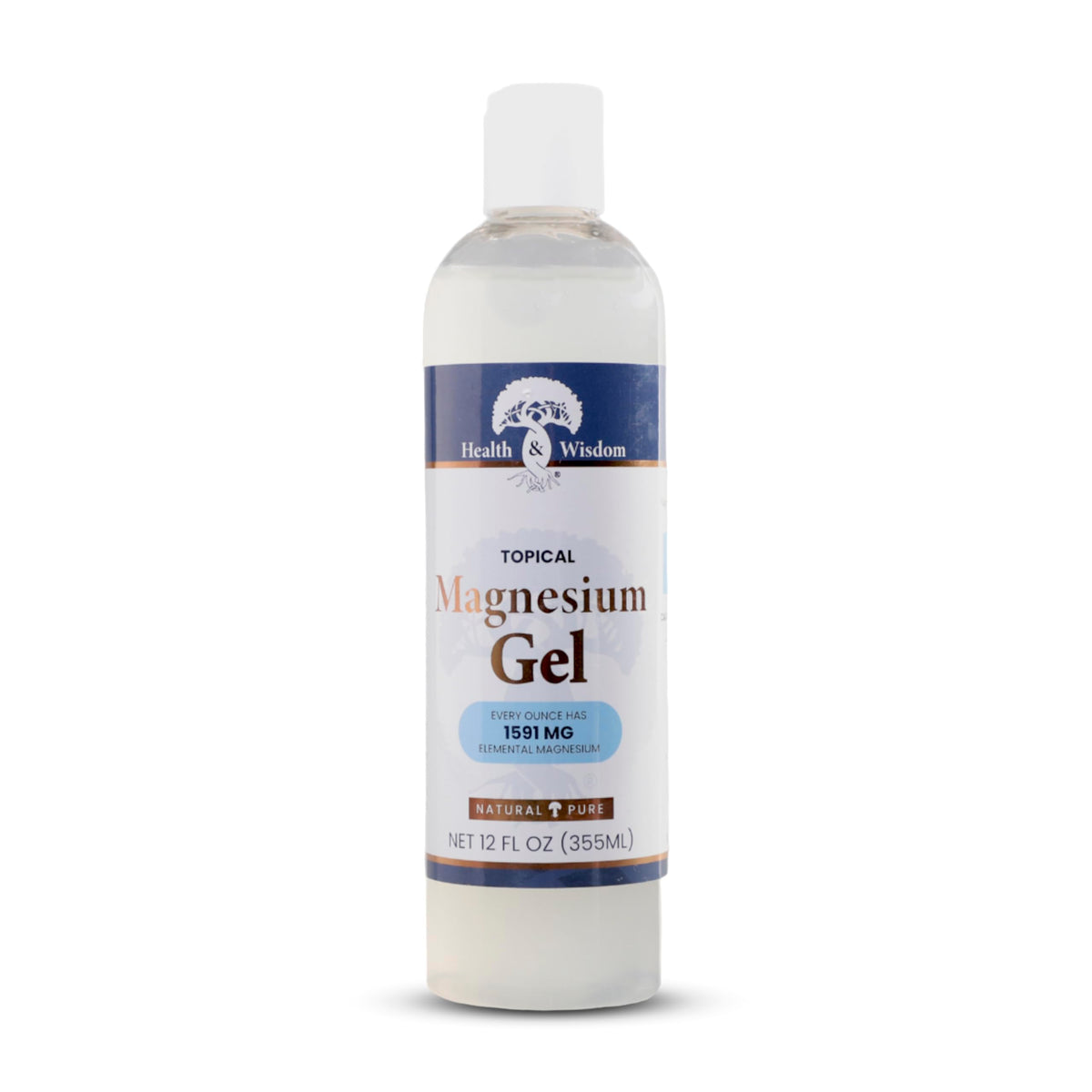 Health and Wisdom magnesium gel bottle close-up for enhanced topical absorption.
