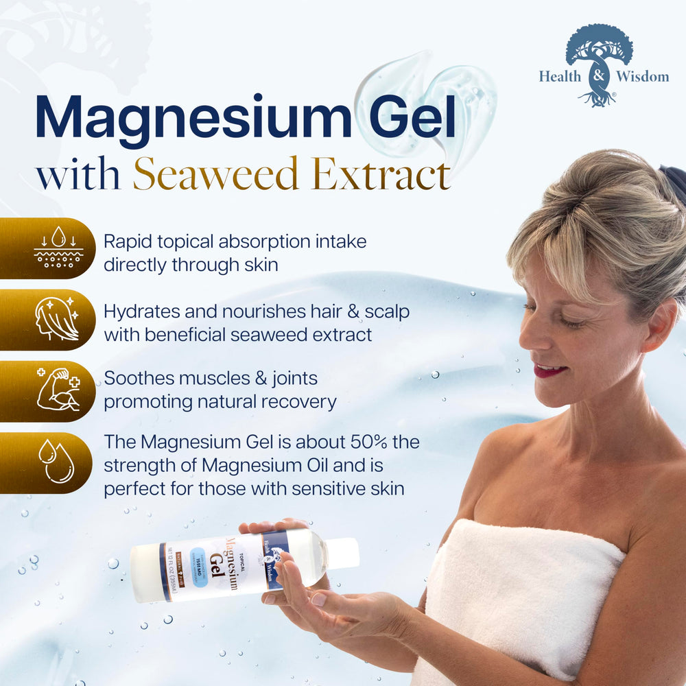 Health and Wisdom magnesium gel hands-application showing easy at-home use for quick relief.