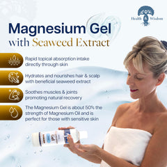 Health and Wisdom magnesium gel hands-application showing easy at-home use for quick relief.