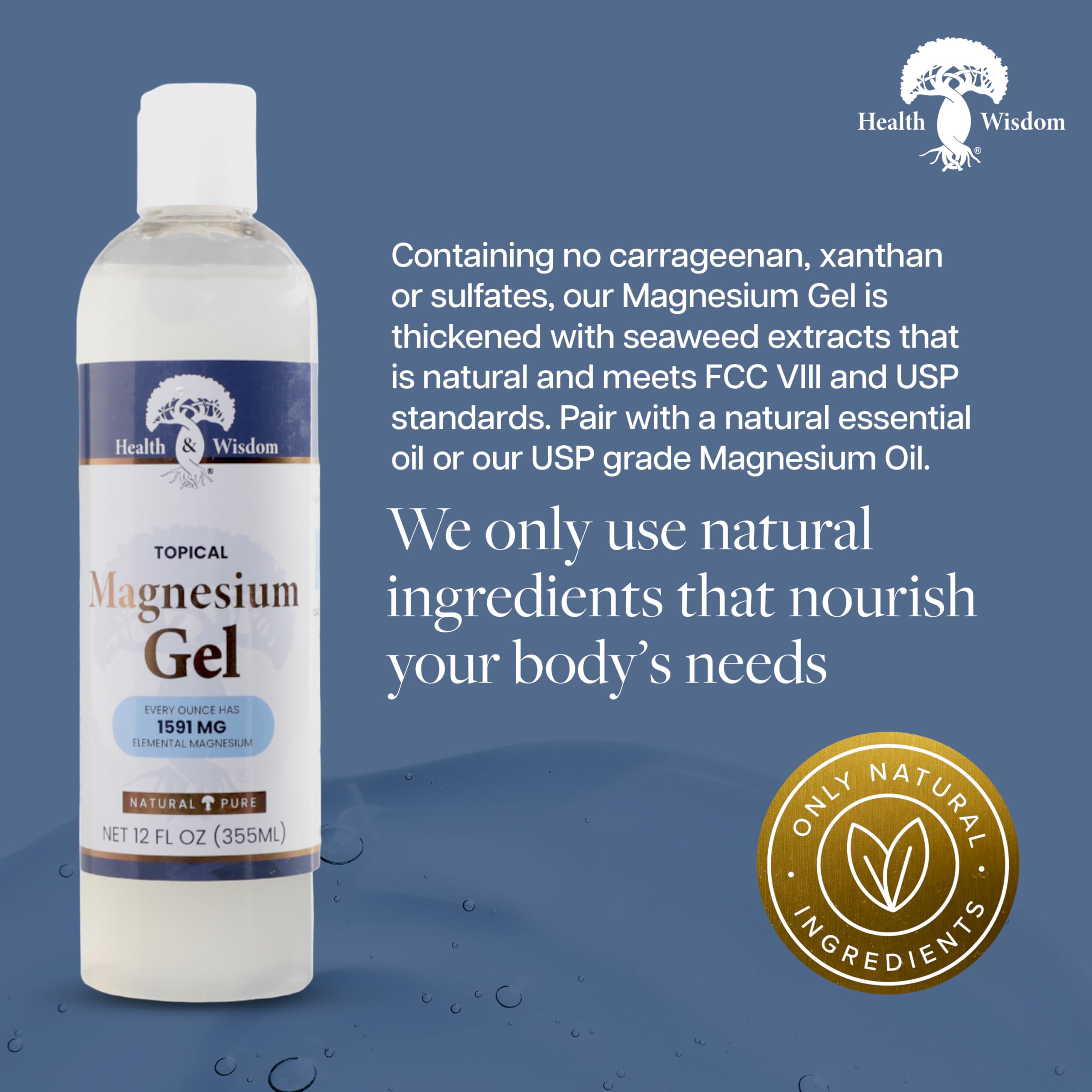 Health and Wisdom magnesium gel skin-moisturizing highlights hydrating seaweed-derived care.