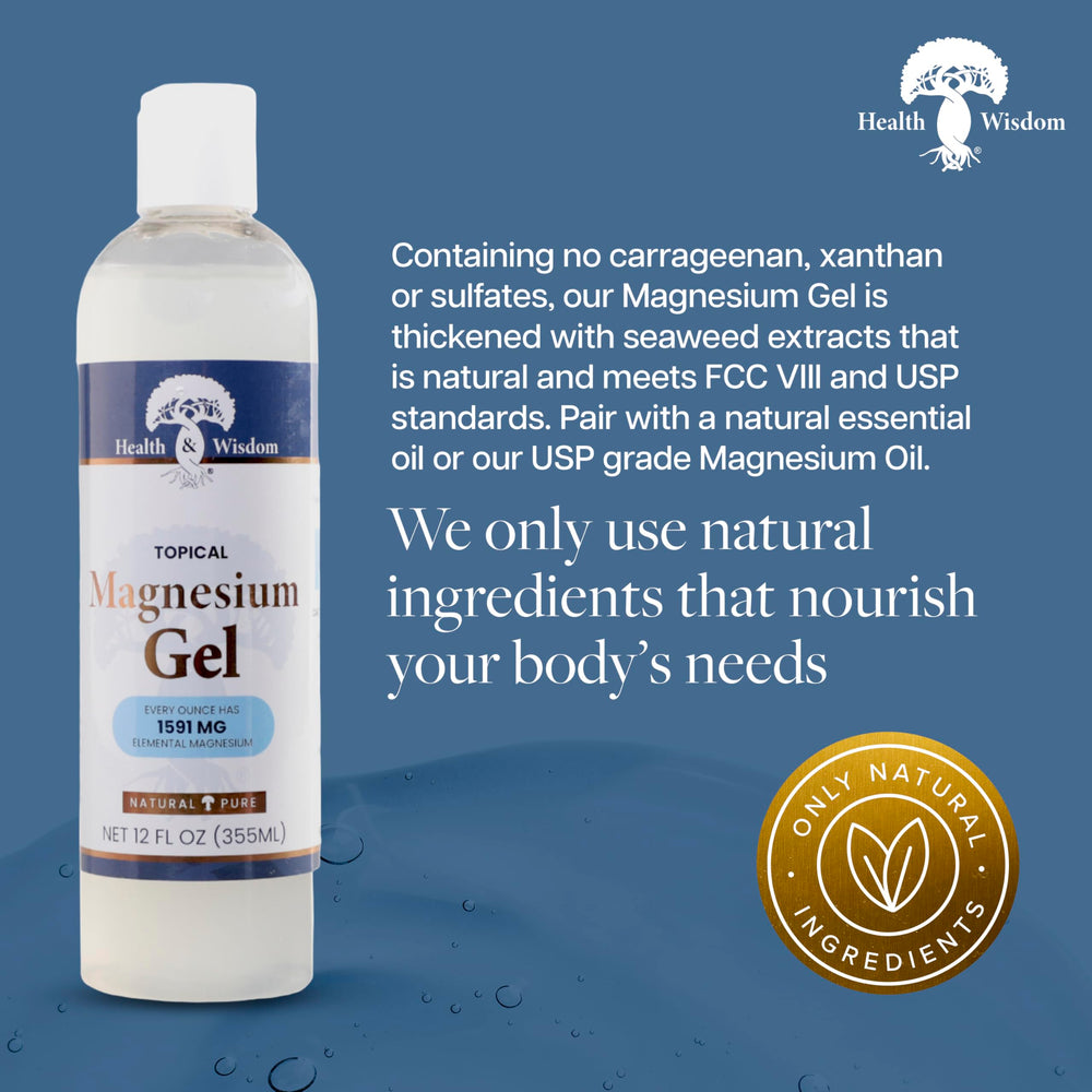 Health and Wisdom magnesium gel skin-moisturizing highlights hydrating seaweed-derived care.