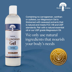 Health and Wisdom magnesium gel skin-moisturizing highlights hydrating seaweed-derived care.