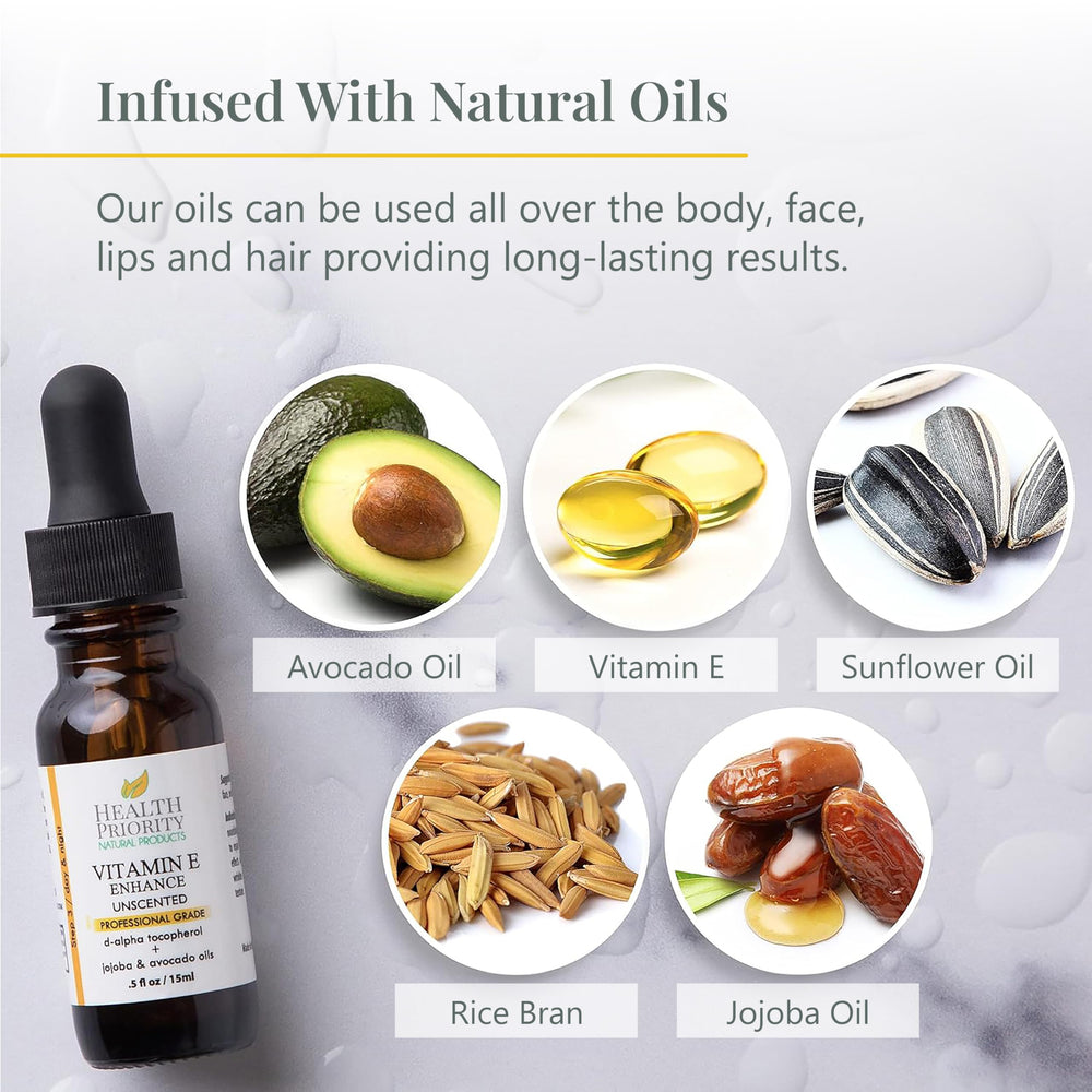 Health Priority Naturals unscented vitamin E oil on legs for daily moisturization.