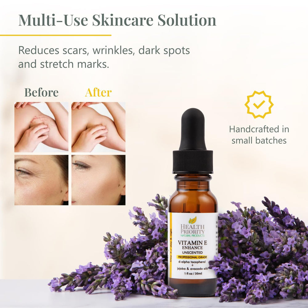 Health Priority Naturals organic Vitamin E Oil with jojoba and avocado for nourishment.