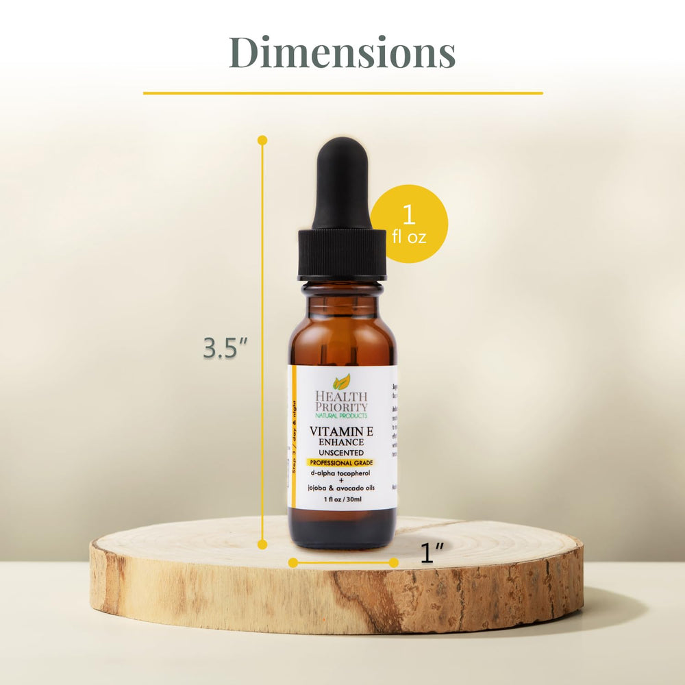 Health Priority Naturals Vitamin E Oil application drop for easy facial and hair care.