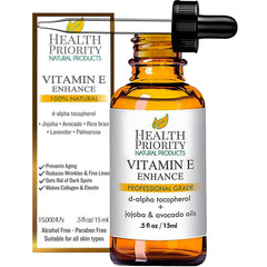 Health Priority Naturals Vitamin E Oil face bottle image demonstrates deep hydration for daily skin renewal.