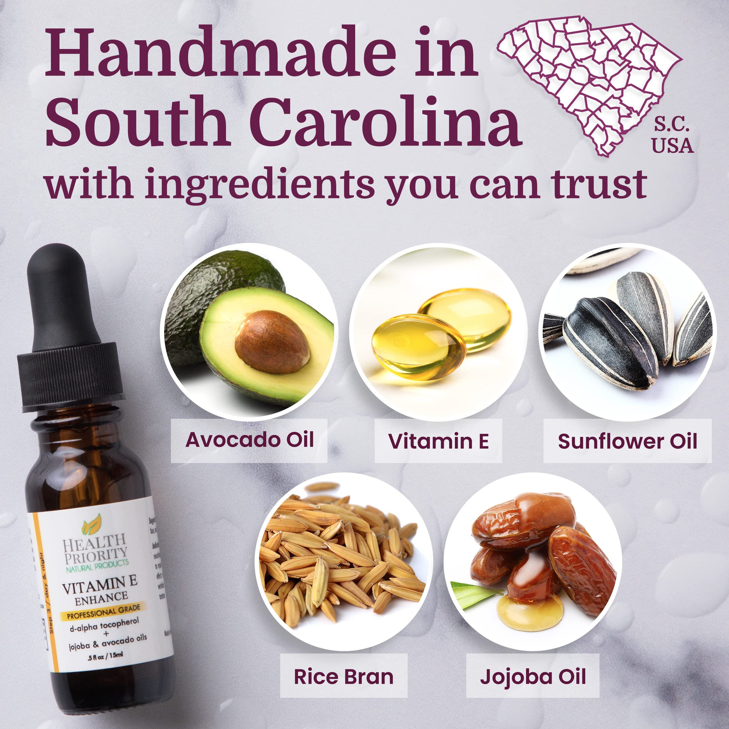 Health Priority Naturals Vitamin E Oil glow routine image implies radiant daily skincare.