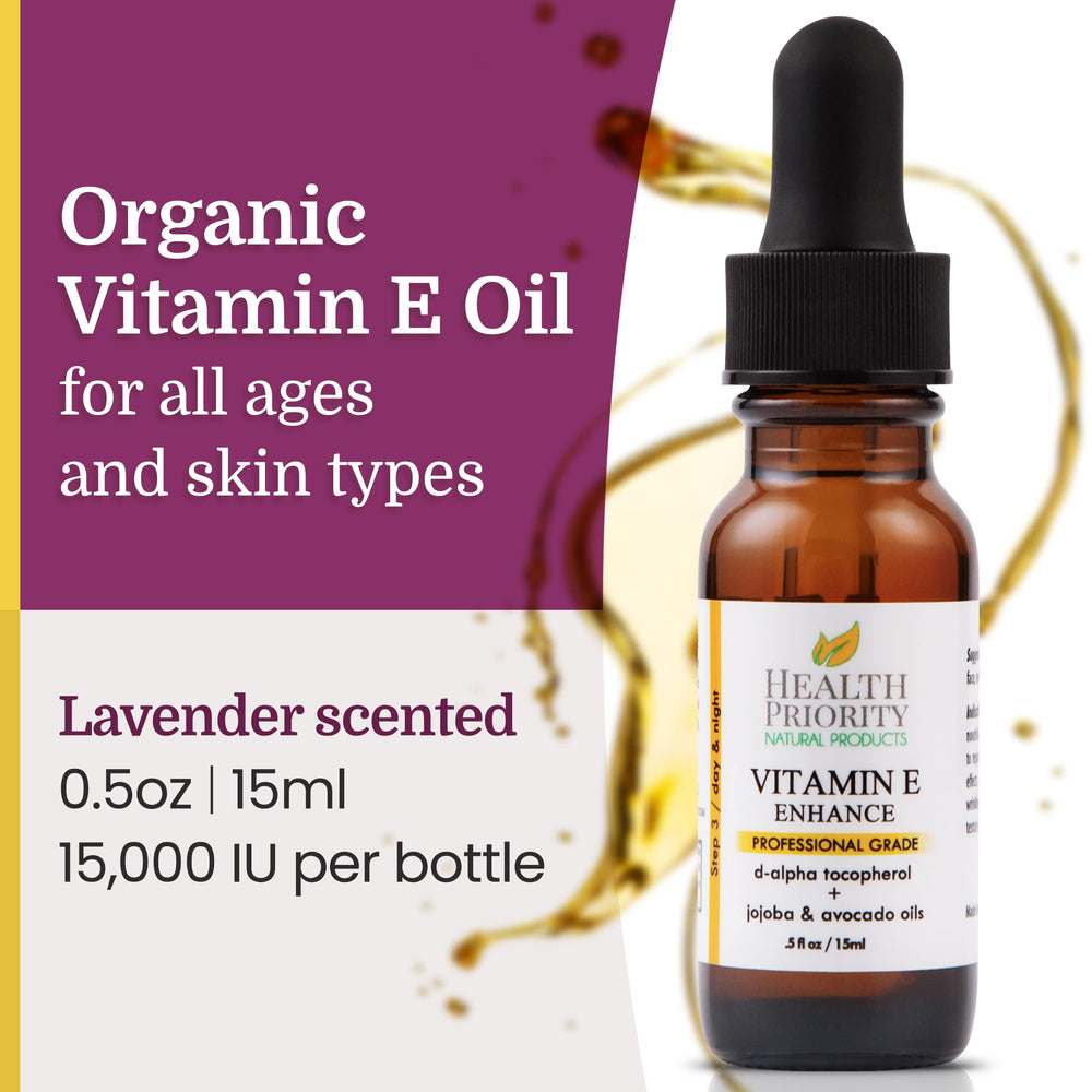 Health Priority Naturals Vitamin E Oil organic label highlights clean ingredients for sensitive skin.