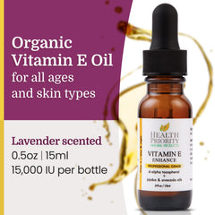 Health Priority Naturals Vitamin E Oil organic label highlights clean ingredients for sensitive skin.