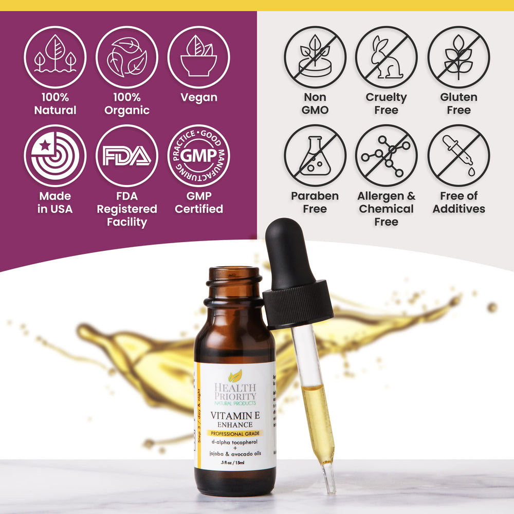 Health Priority Naturals Vitamin E Oil scar care photo suggests smoother, balanced skin.