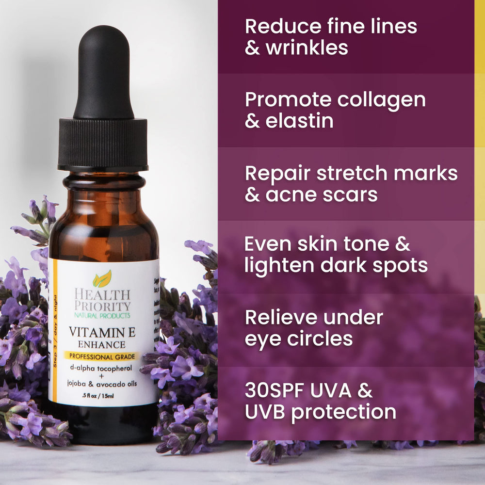Health Priority Naturals Vitamin E Oil texture swirl showcases rich moisture for smooth skin.