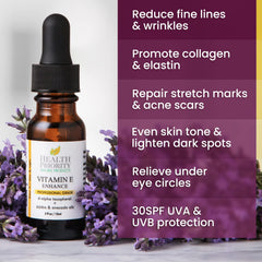 Health Priority Naturals Vitamin E Oil texture swirl showcases rich moisture for smooth skin.