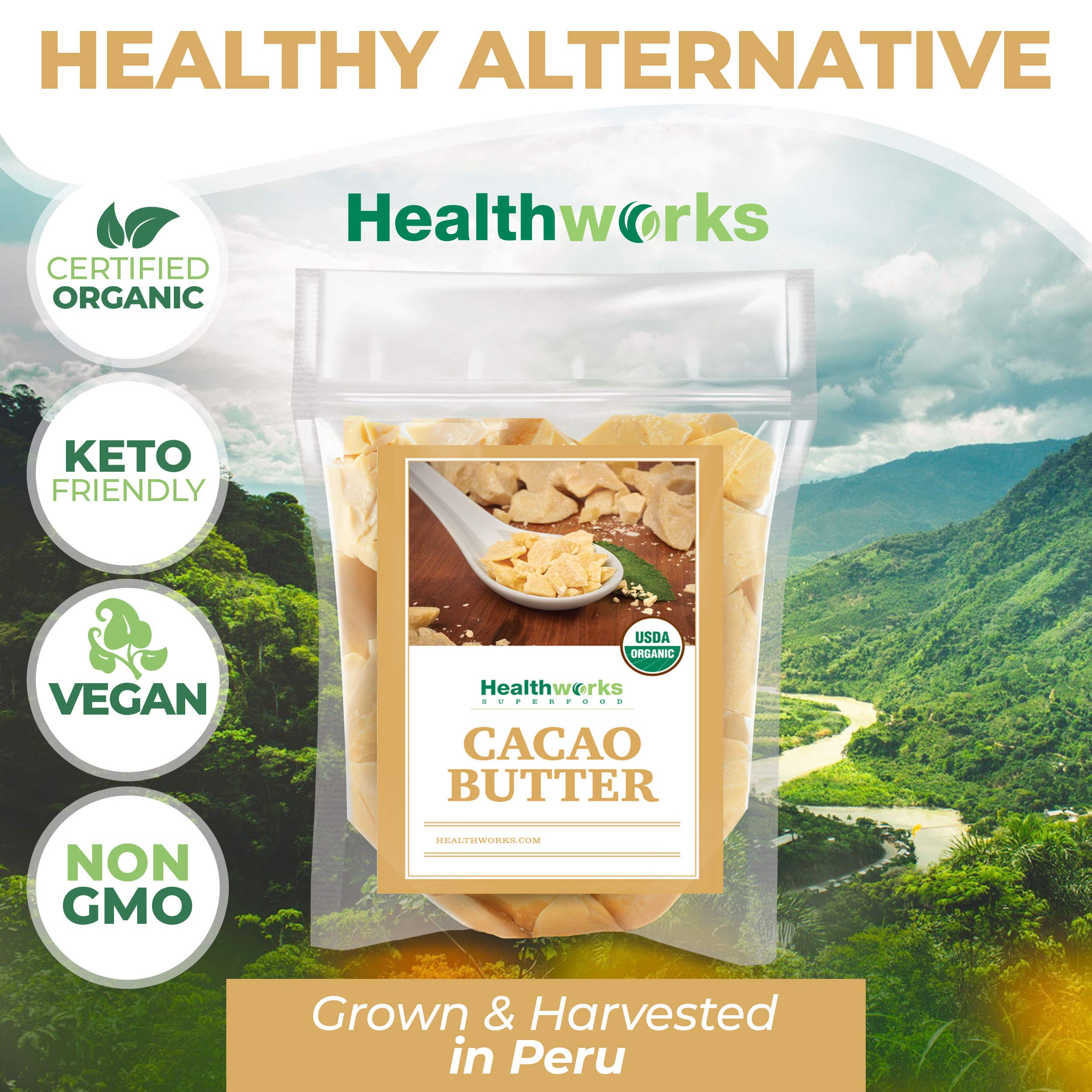 Healthworks cacao butter rich cream texture supports skincare and dessert richness.