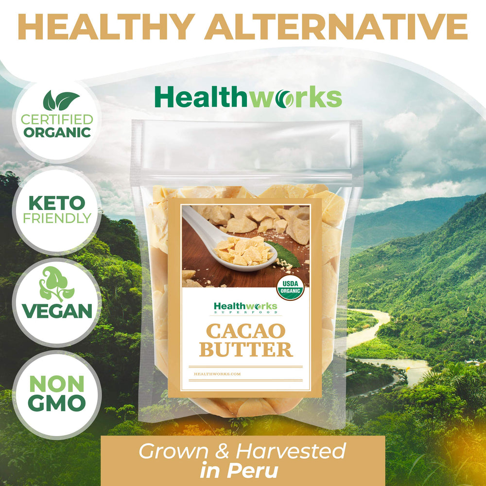 Healthworks cacao butter rich cream texture supports skincare and dessert richness.