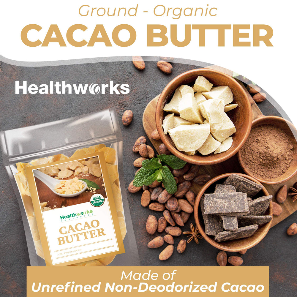 Healthworks cacao butter kibble form emphasizes texture for baking and smooth spreads.